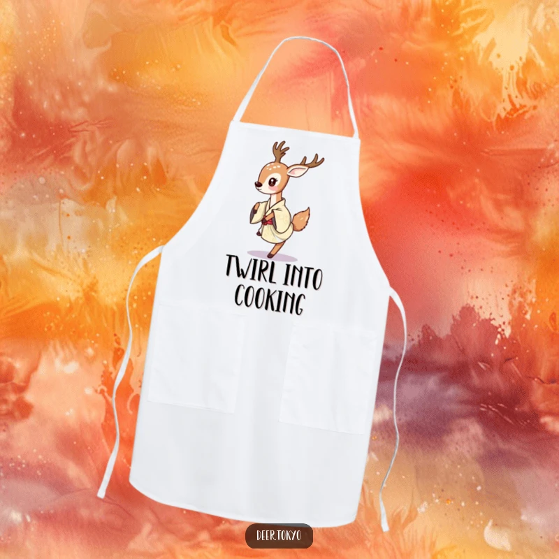 Deer playfully dancing in a traditional Japanese kimono, featured on a functional kitchen apron.
