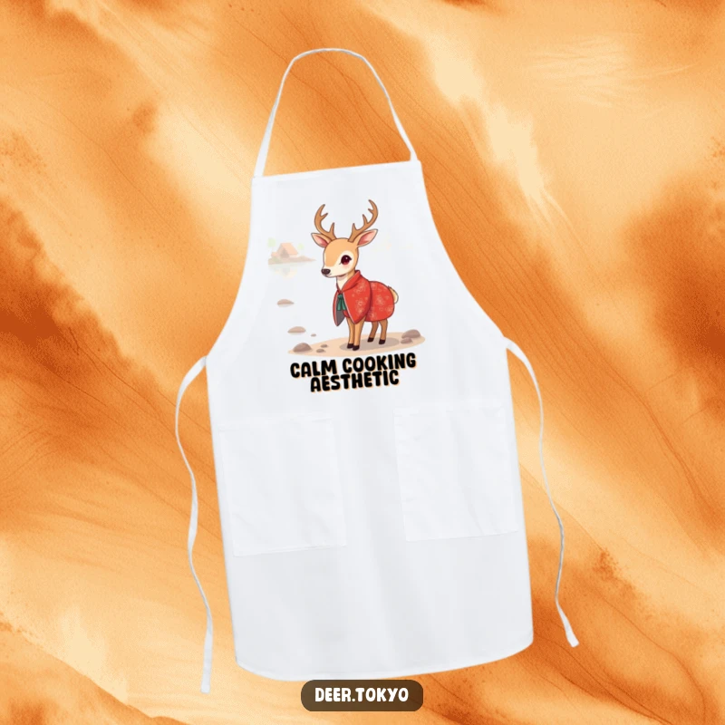 Funny Red Kimono Deer Apron: A deer in a red kimono by a calm lake, perfect for a stylish and funny cooking experience.