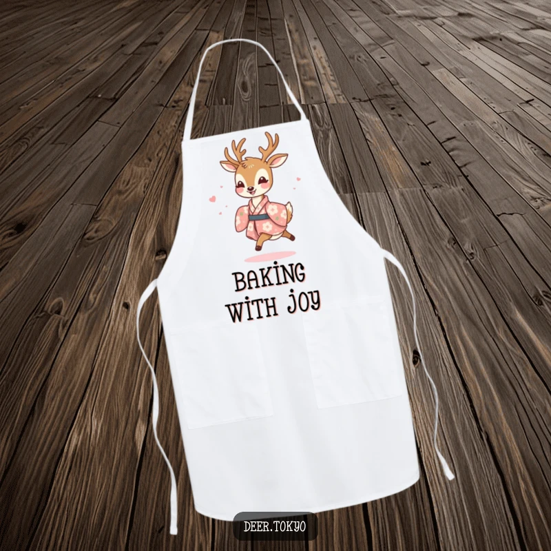 Funny apron featuring a joyful deer in a floral kimono, prancing lightly, adding cheer and style to kitchen tasks.