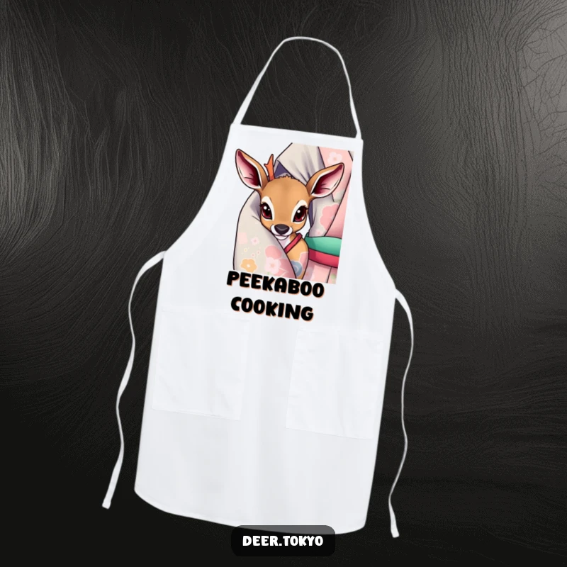 Deer with wide, curious eyes peeking from a vibrant kimono sleeve, featured on a functional kitchen apron.