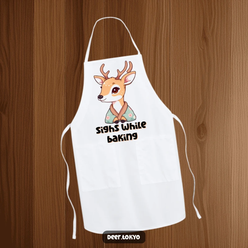 Deer with delicate floral fur patterns looking wistfully from a silk kimono, featured on a functional kitchen apron.
