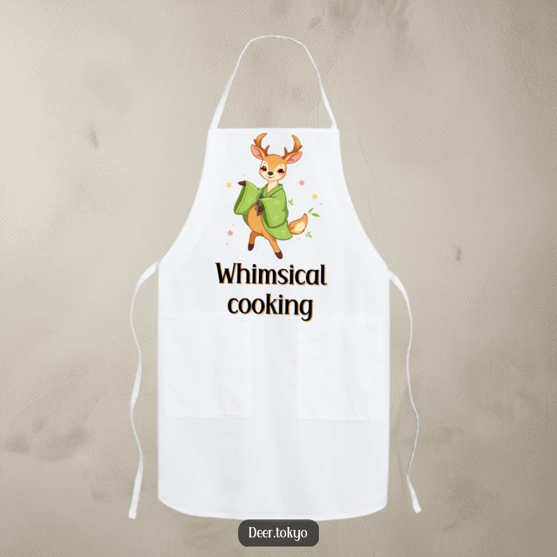 Funny Green Kimono Deer Apron: A deer in a green kimono with bamboo patterns happily twirls, perfect for funny and delightful cooking.