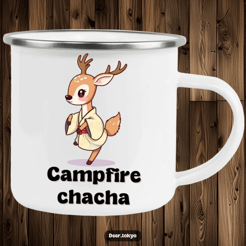 A deer playfully dancing in a traditional Japanese kimono, depicted on a rugged camping mug.