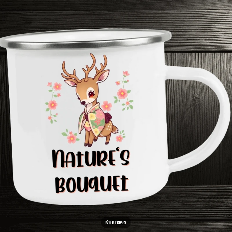 Funny camping mug of a deer in a floral kimono, head dipped gracefully. Outdoor elegance.