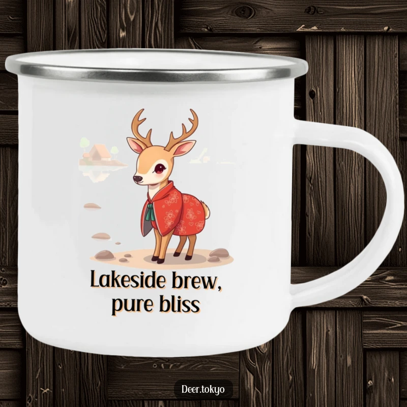 Funny Red Kimono Deer Camping Mug: A deer in a red kimono by a calm lake, perfect for serene outdoor sips.