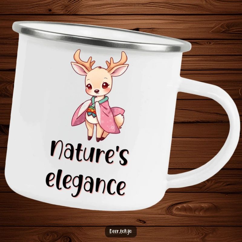 Funny camping mug with a graceful deer in a vibrant kimono bowing playfully, perfect for outdoor trips and stylish enjoyment.