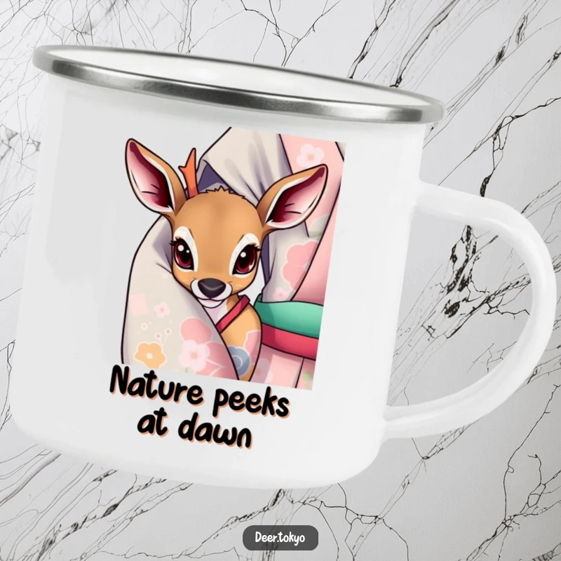 A deer with curious eyes peeking from a vibrant kimono sleeve, depicted on a rugged camping mug.
