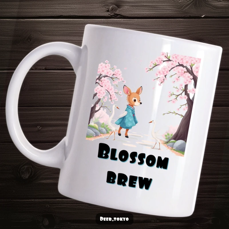 Funny mug of a deer in a blue kimono with cranes walking on a cherry blossom path. Artistic scene.