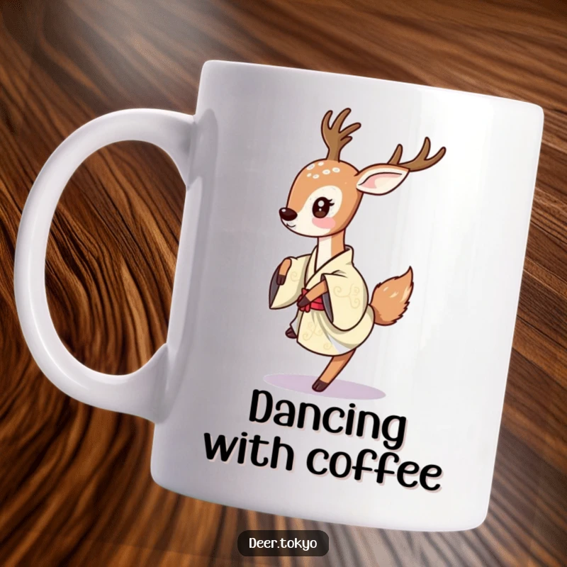 Deer playfully flicking its tail while dancing lightly in a traditional Japanese kimono, depicted on a mug.