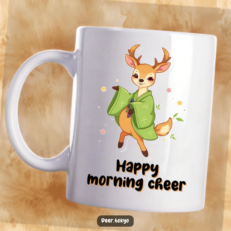 Funny Green Kimono Deer Mug: A deer in a green kimono with bamboo patterns twirls joyfully, celebrating life with art.