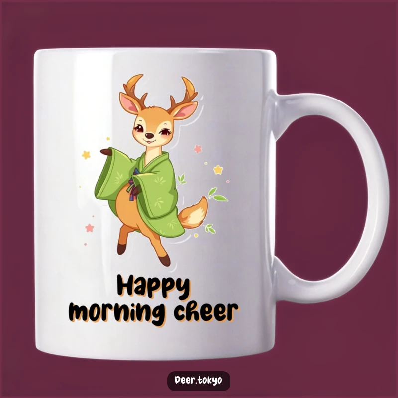 Funny Green Kimono Deer Mug: Happy Twirl, Bamboo Art, Perfect Gift