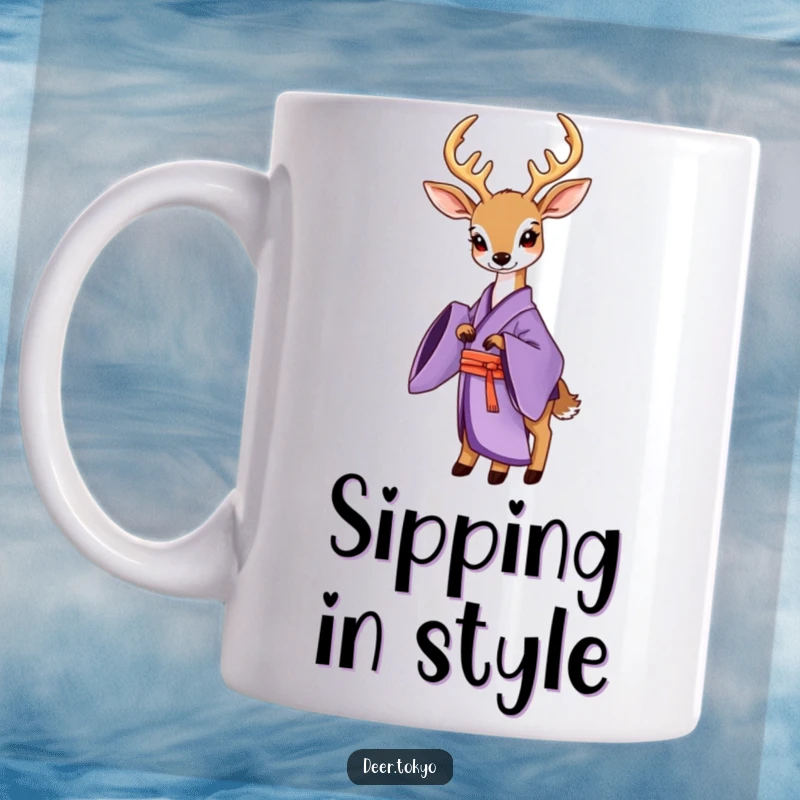 Funny Purple Kimono Deer Mug: An elegant deer in a flowing purple kimono strikes a sophisticated pose, exuding grace and style.