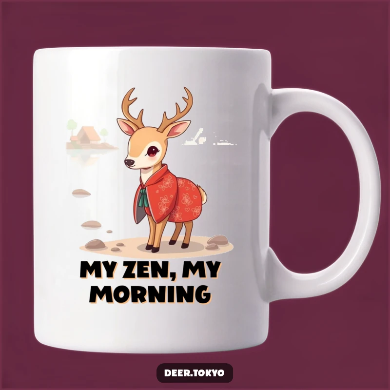 Funny Red Kimono Deer Mug: Serene Lake Art, Perfect Gift for Animal Lovers
