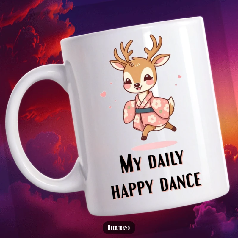 Funny mug with a joyful deer in a vibrant floral kimono, happily prancing with light steps, conveying pure delight and grace.