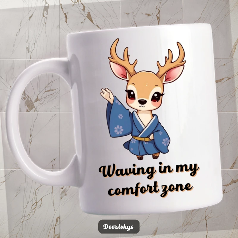 Funny mug showcasing a charming deer in a deep blue kimono, elegantly waving a delicate sleeve, conveying sophisticated charm.