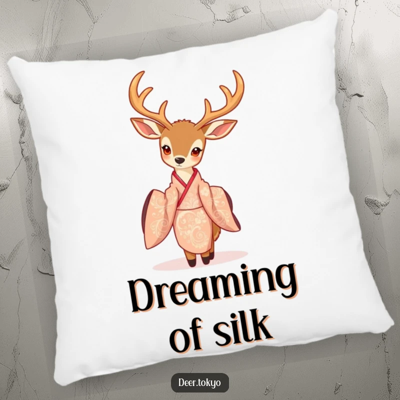 A graceful deer in an intricately patterned kimono, depicted on a decorative pillow, adding artistic elegance.
