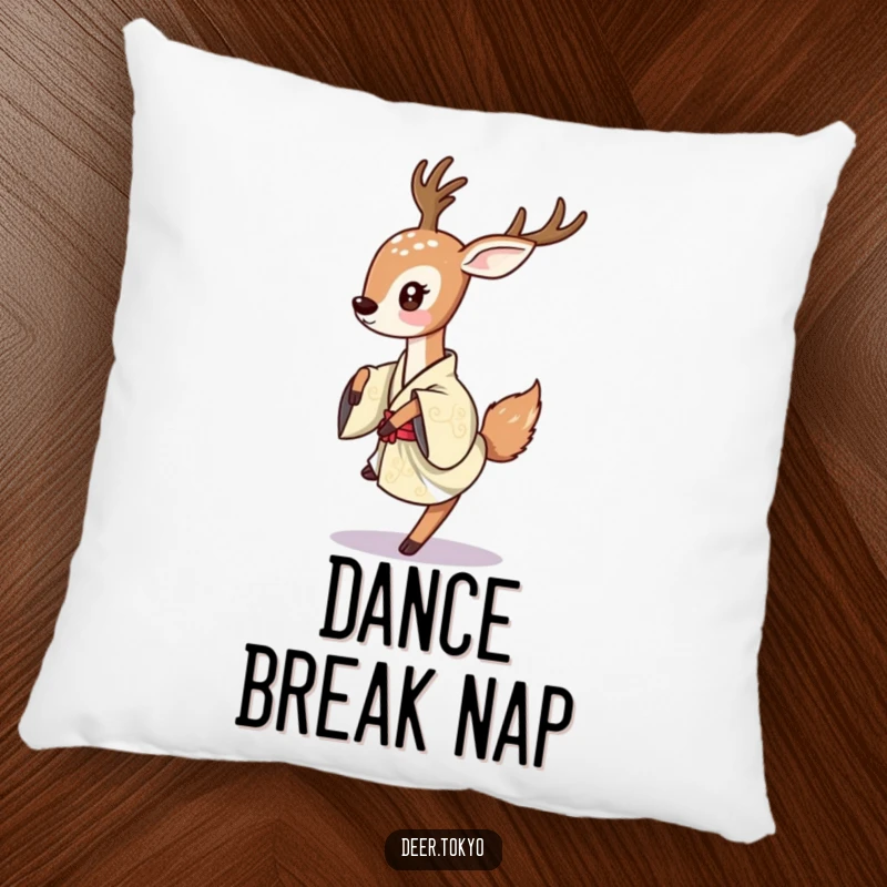 A deer playfully dancing in a traditional Japanese kimono, depicted on a plush and decorative pillow.