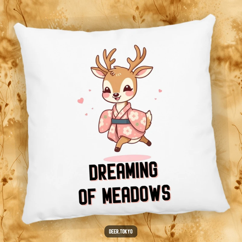 Funny pillow with a joyful deer in a floral kimono, prancing lightly, offering plush comfort and a cheerful, decorative touch.