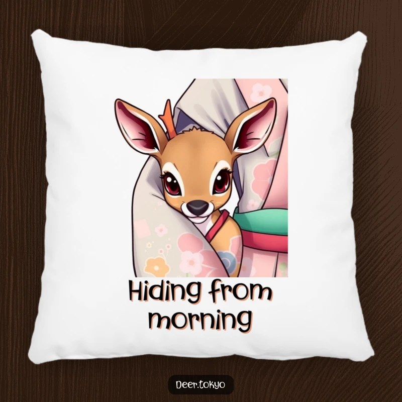 A deer with curious eyes peeking from a vibrant kimono sleeve, depicted on a plush and comforting pillow.