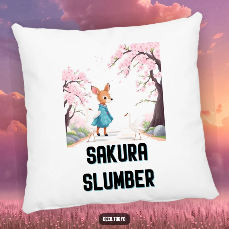 Funny pillow featuring a deer in a blue kimono with cranes, walking amongst cherry blossoms. Cozy art.