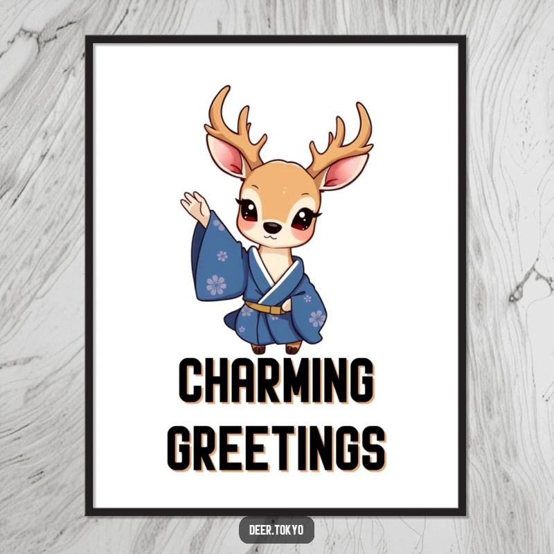 Funny digital art print of a charming deer in a deep blue kimono, waving a delicate sleeve, providing instant elegant humor.