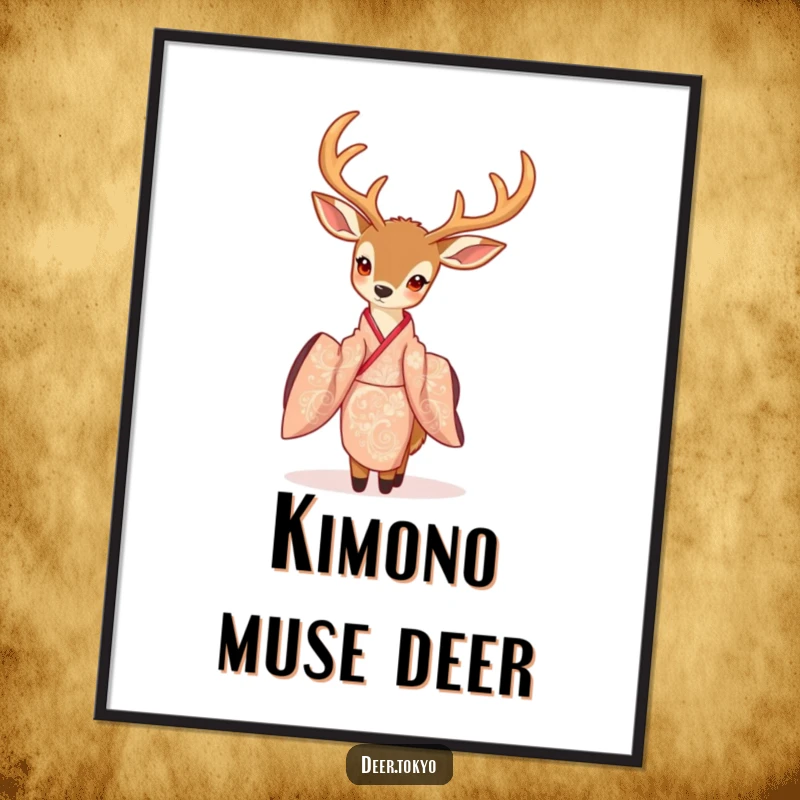 Elegant deer with delicate antlers in a flowing, intricately patterned kimono, downloadable digital art print for graceful decor.