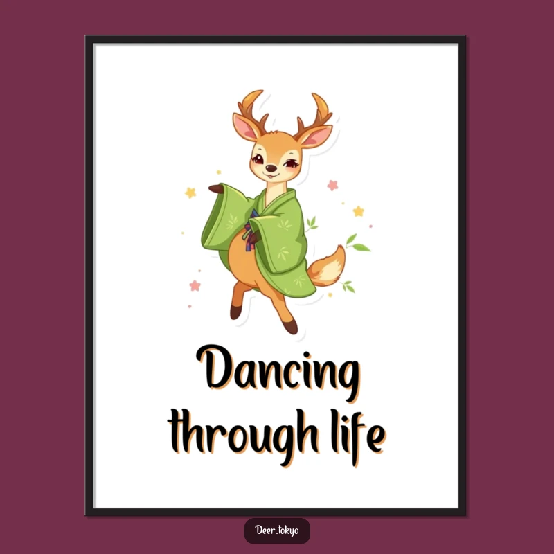 Funny Green Kimono Deer Digital Art: Happy Twirl, Bamboo Style Gift