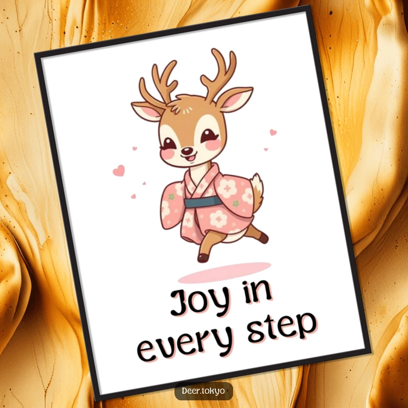 Funny digital art print of a joyful deer in a floral kimono, prancing lightly, creating instant cheerful and vibrant wall decor.