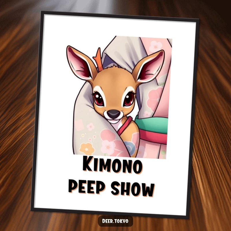 Deer with wide, curious eyes peeking from a vibrant kimono sleeve, downloadable digital art print for whimsical decor.