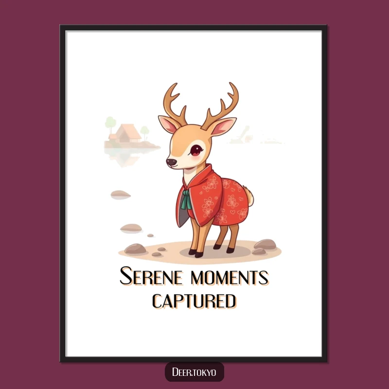 Funny Red Kimono Deer Digital Art: Serene Lake Scene, Instant Download Gift