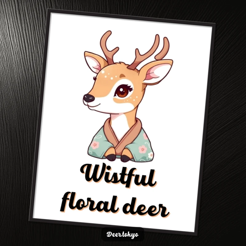 Deer with delicate floral fur patterns looking wistfully from a silk kimono, downloadable digital art print for serene decor.