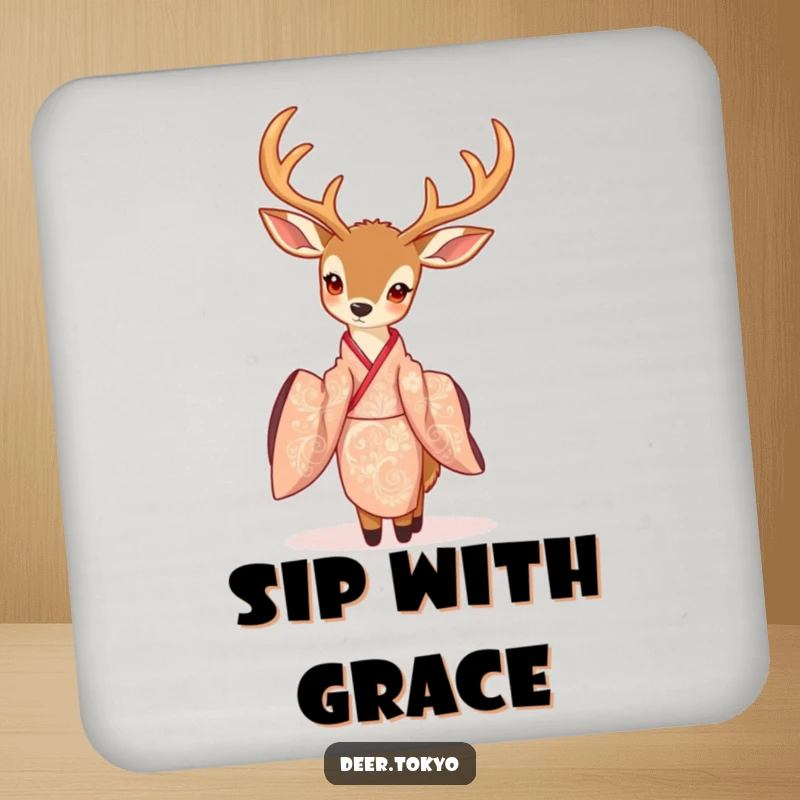 Deer in an intricately patterned kimono, featured on a set of beautiful drink coasters, adding artistic flair.