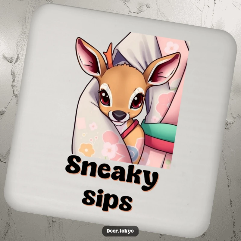 Deer with curious eyes peeking from a vibrant kimono sleeve, featured on a set of drink coasters.