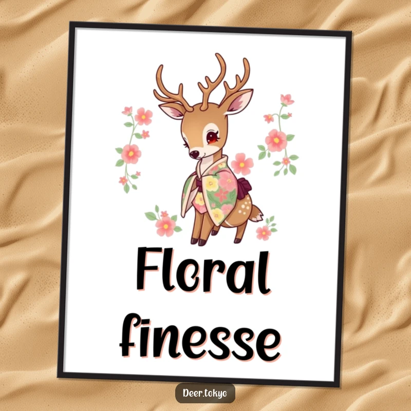 Funny poster print of a deer wearing a beautiful floral kimono, head dipped gracefully. Serene decor.