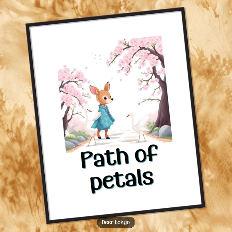 Funny poster print of a deer in a blue kimono with white cranes, strolling on a cherry blossom path. Wall art.