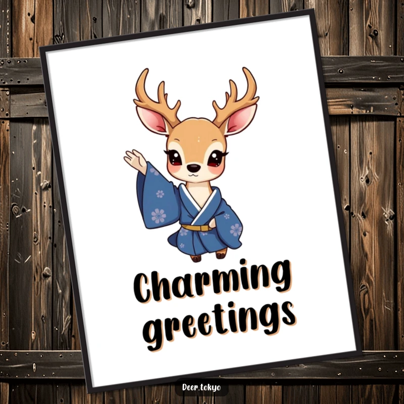 Funny poster of a charming deer in a deep blue kimono, elegantly waving a sleeve, adding sophisticated humor to wall decor.