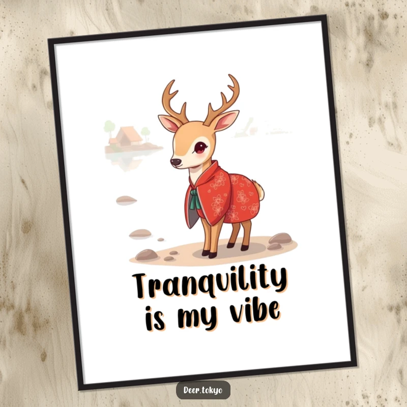 Funny Red Kimono Deer Poster: A deer in a red kimono by a calm lake, creating a serene and beautiful wall art piece.