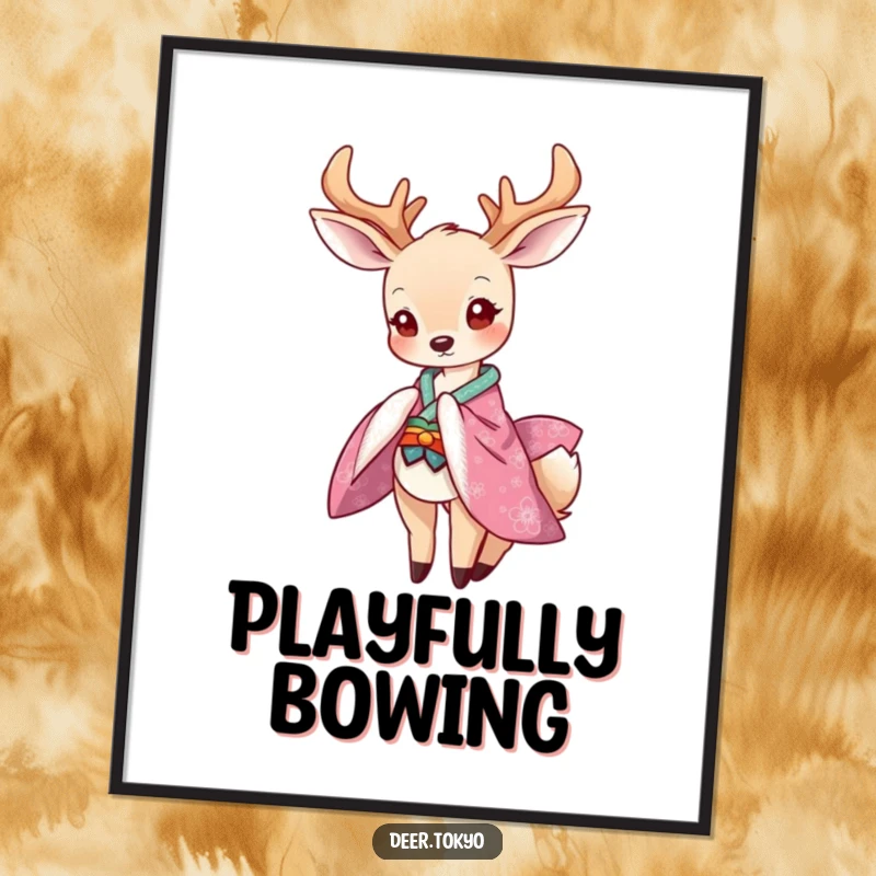 Funny art poster of a graceful deer in a vibrant kimono bowing playfully, creating an elegant and humorous atmosphere.