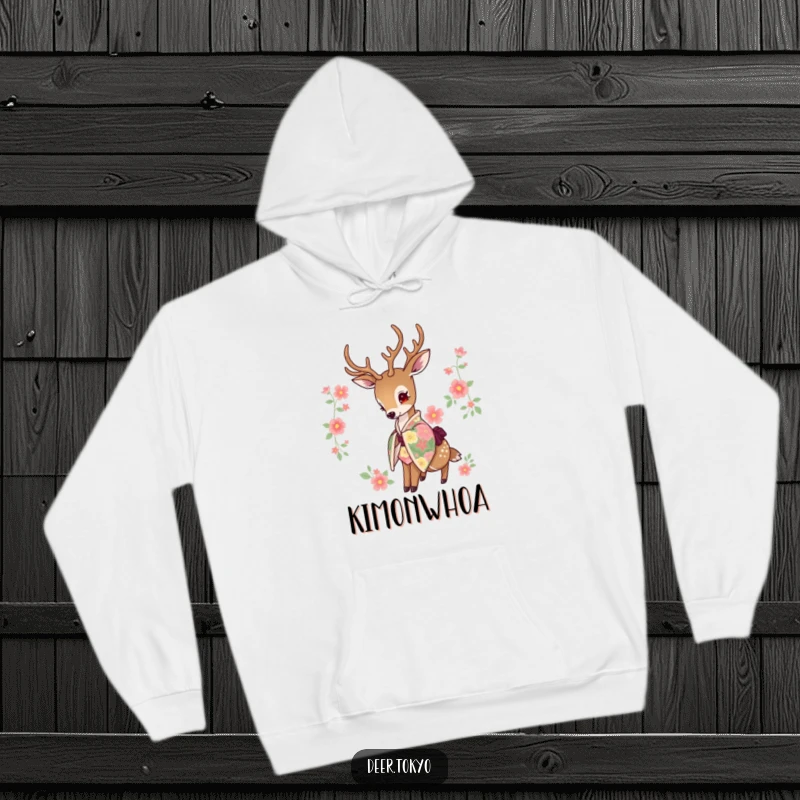 Funny hoodie print of a deer wearing a vibrant floral kimono, head dipped elegantly. Cozy and chic.