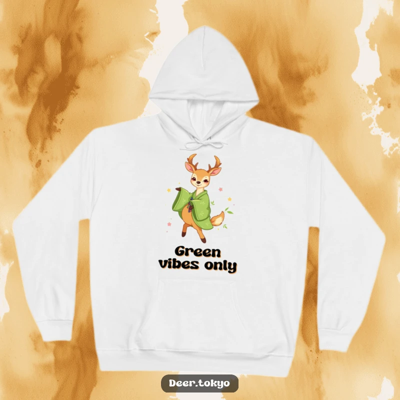 Funny Green Kimono Deer Hoodie: A deer in a green kimono adorned with bamboo motifs happily twirls, offering warmth and cheer.