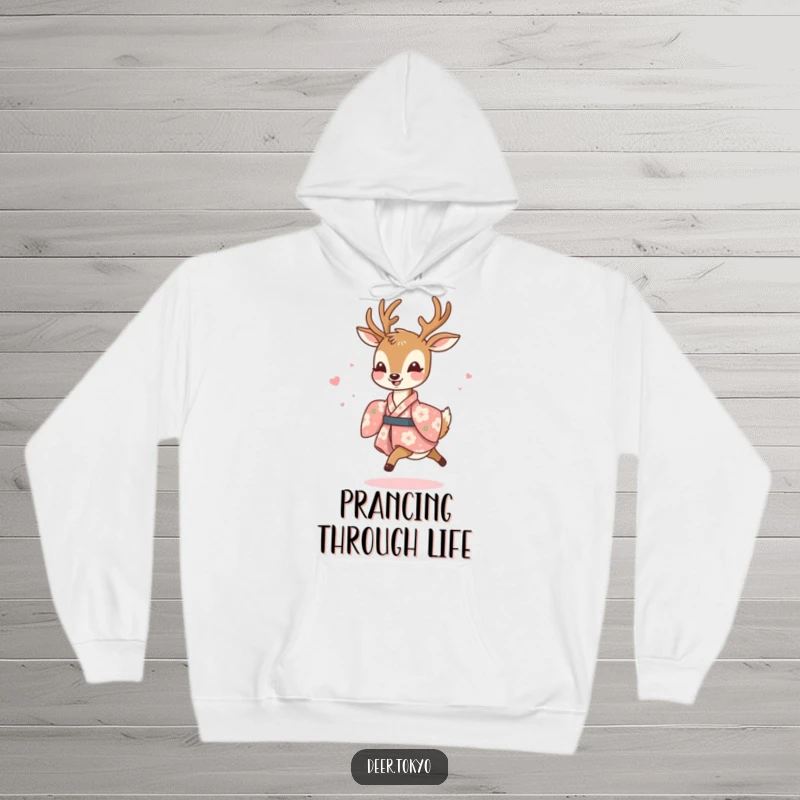 Funny hoodie depicting a joyful deer in a floral kimono, prancing lightly, offering cozy comfort and a cheerful, artistic vibe.