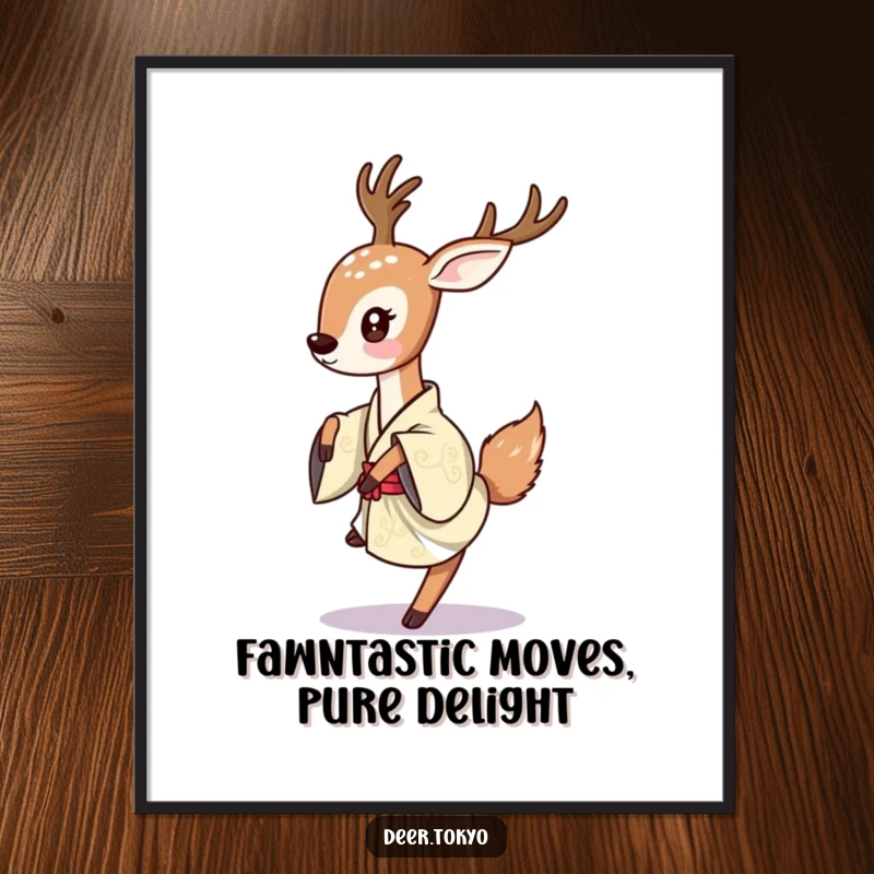 Whimsical Free Printable Wall Art: A deer with a playful flick of its tail dances lightly in a traditional Japanese kimono.