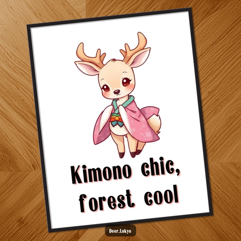 Funny Free Printable Wall Art: A graceful deer adorned in a vibrant kimono bows playfully, creating an artistic statement.