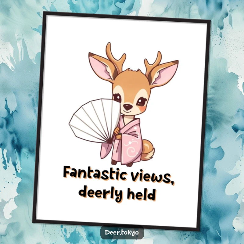 Funny Free Printable Wall Art: A curious deer wearing a pastel kimono peeking from behind a fan, adding whimsy to your decor.