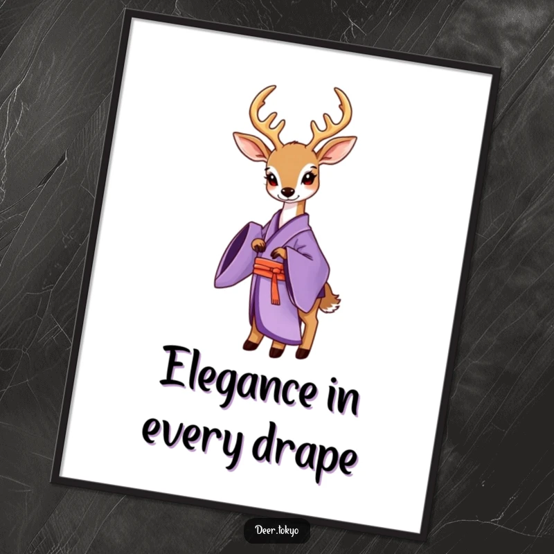 Funny Free Printable Wall Art: A beautifully adorned deer in a purple kimono with flowing sleeves, posing elegantly.