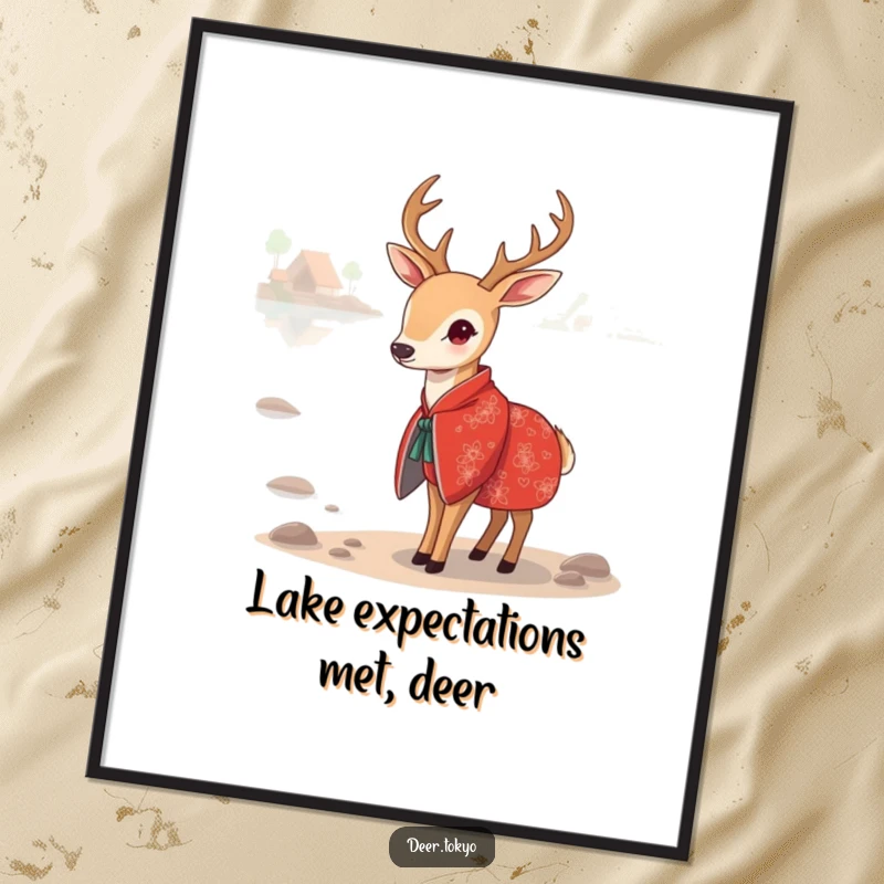 Funny Free Printable Wall Art: A deer in an exquisite red kimono stands gracefully by a peaceful lake setting.