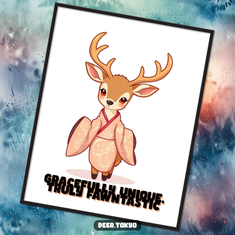 Elegant Free Printable Wall Art: A charming deer with delicate antlers poses gracefully in a flowing, intricately patterned kimono.