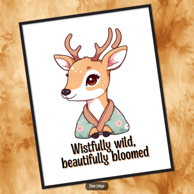 Serene Free Printable Wall Art: A deer with delicate floral patterns on its fur looks wistfully out from a silk kimono.