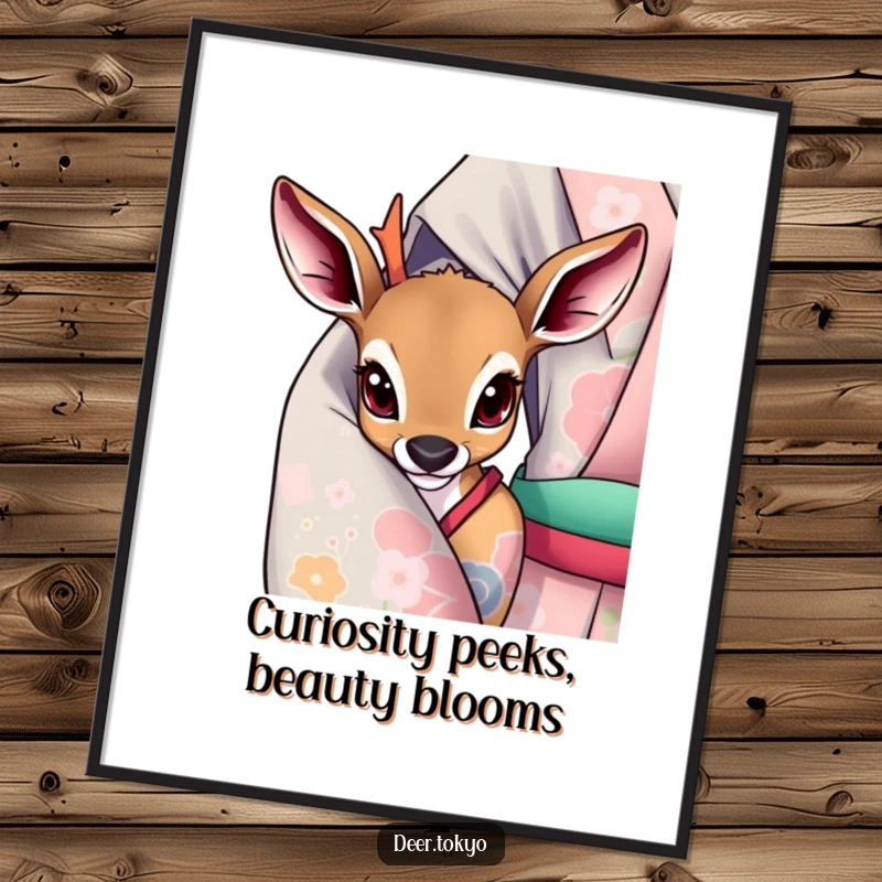 Whimsical Free Printable Wall Art: A deer with wide, curious eyes peeks from under the sleeve of a vibrant kimono.