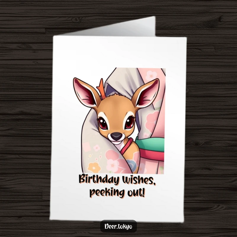 Playful Free Printable Birthday Card: A deer with wide, curious eyes playfully peeks from under a vibrant kimono sleeve.